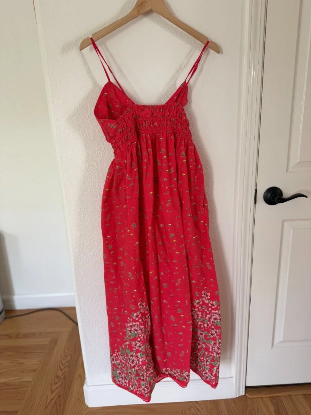 J. Crew Smocked-Waist V-Neck Dress in Red California Poppy Map Print Size 12